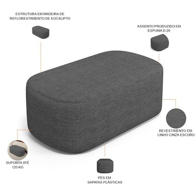 Kit 02 Puffs Decorativos Orgânico para Living Quarto 100cm Doha W01 Linho Cinza Escuro - Lyam Decor