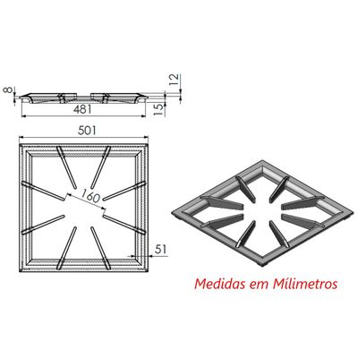 Grelha 8 Hastes Reforçada GLC Fogão Industrial Ferro 50x50cm