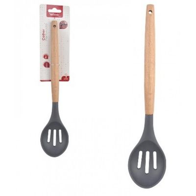 Colher Vazada De Silicone Grafite Cabo Madeira 32 cm - Well