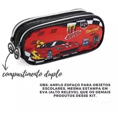 Kit Mochila Rodinhas Carro Turbo 07 Estojo Lancheira Escolar Racing Infantil Denlex