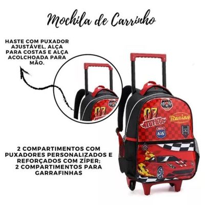Kit Mochila Rodinhas Carro Turbo 07 Estojo Lancheira Escolar Racing Infantil Denlex