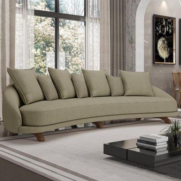 Sofá Living 3 Lugares 265cm Pés Madeira Morales com Almofadas Linho Bege Palha G52 - Gran Belo