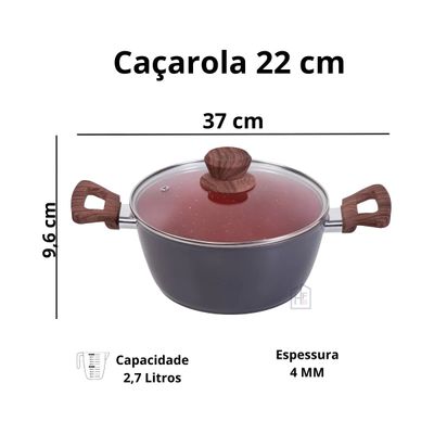 Panela Caçarola Nano Cerâmica Antiaderente Tampa V 22cm 2,7L