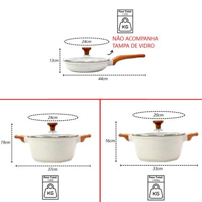 Kit 3pç Caçarolas Frigideiras Antiaderente Temperatti Bianco