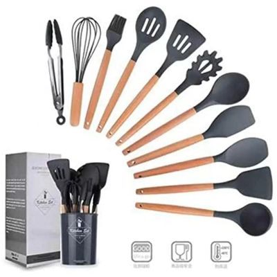 Kit 12 Utensilios De Cozinha Preto Em Silicone Antiaderente