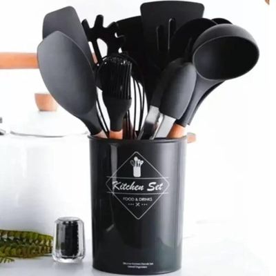 Kit 12 Utensilios De Cozinha Preto Em Silicone Antiaderente