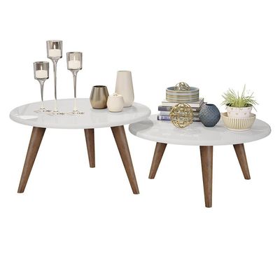 Conjunto Mesa De Centro E Mesa De Apoio Grazi - Pés De Madeira Branco - J3 Móveis
