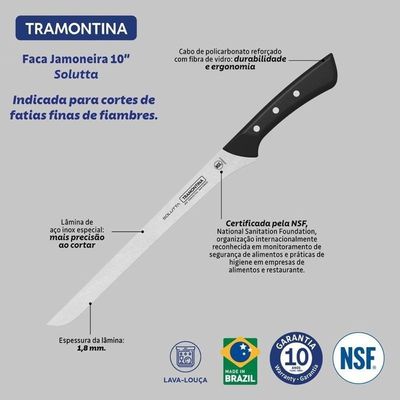 Faca Jamoneira Tramontina Solutta Em Aço Inox E Cabo Em Policarbonato Preto 10"