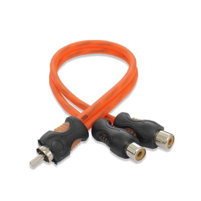 Cabo RCA Y 1 Macho 2 Fêmeas 5mm Flexível Laranja Dupla Blindagem KX3