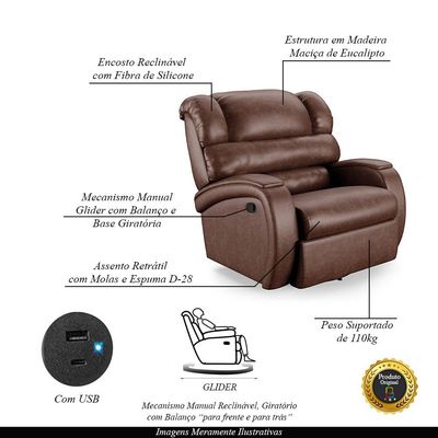 Poltrona do Papai Sala de Cinema Reclinável Kylie Glider Manual Giratória USB PU Marrom Brilho G23