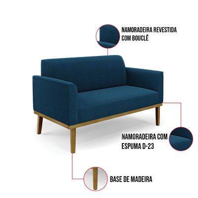 Sofá 2 Lugares Namoradeira Madeira Castanho Marisa Bouclê Azul D03 - D'Rossi