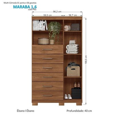 Cômoda de Madeira 6 Gavetas 1 Porta com Pés Marabá Santos Andirá Jatobá