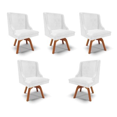 Kit 5 Cadeiras Decorativas Sala de Jantar Base Giratória de Madeira Firenze PU Branco Brilho/Natural G19 - Gran Belo