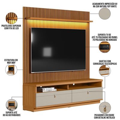 Rack Para Sala de Estar com Painel Ripado Para TV 75 Pol Orizon L05 Nature Off White - Lyam Decor