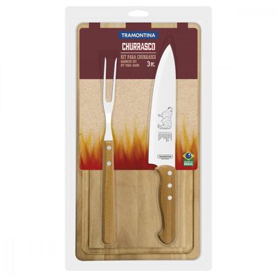 Kit para Churrasco Tramontina com Laminas em Aço Inox e Cabos de Madeira Natural 3 Peças