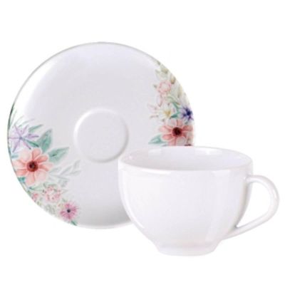 Jogo 12 Xícaras com Pires Café Chá em Porcelana Tramontina Floratta 250ml Servir Padaria Cafeteria