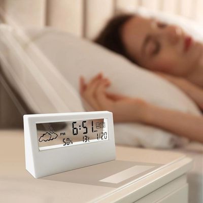 Relogio De Mesa Despertador Digital Multifuncao Tela Transparente Lcd Iluminada Sensor Clima Temperatura Umidade Branco