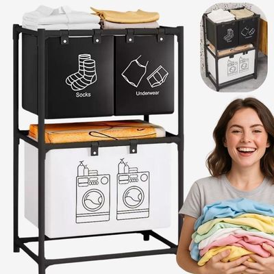 Cesto Lavanderia Triplo Estante Metal Roupa Suja 2 Andares Roupeiro 3 Divisorias Organizador Banheiro Multiuso Armario D