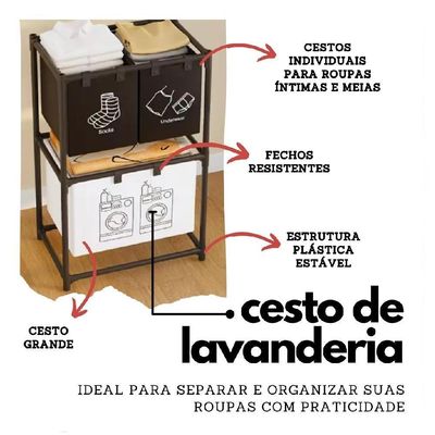 Cesto Lavanderia Triplo Estante Metal Roupa Suja 2 Andares Roupeiro 3 Divisorias Organizador Banheiro Multiuso Armario D