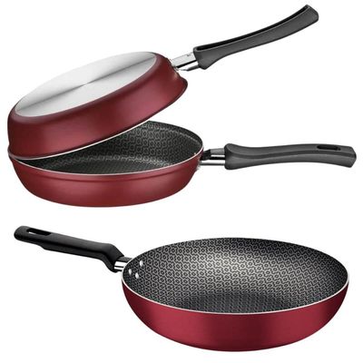 Jogo Frigideira Funda 28cm Omeleteira Dupla 20cm Tramontina Loreto Alumínio Antiaderente Vermelho