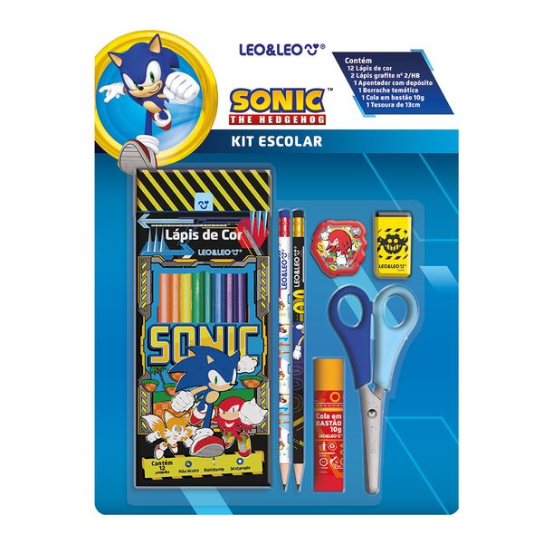 Kit Lapis de Cor Sonic Com 18 Cores, 2 Lapis HB, 1 Apontador, 1 Borracha, 1 Tesoura e Cola Leonora