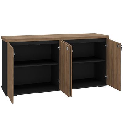 Balcão Para Escritório 04 Portas 160cm com Chaves Unik A02 Nogal Preto - Lyam Decor