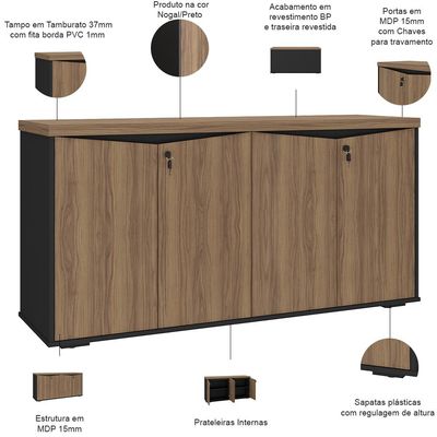 Balcão Para Escritório 04 Portas 160cm com Chaves Unik A02 Nogal Preto - Lyam Decor