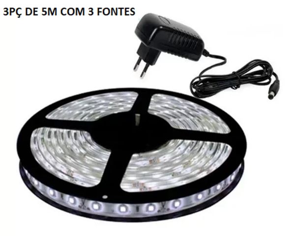 Kit 3 Fita Led 5050 Branco frio 3000k 5m Bivolt Com Fonte