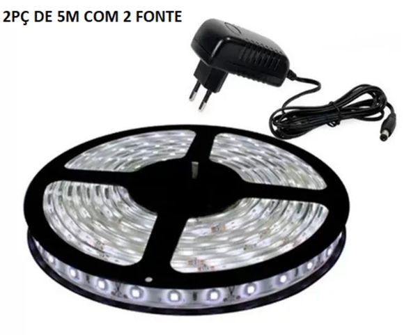 Kit 2 Fita Led 5050 Branco frio 3000k 5m Bivolt Com Fonte