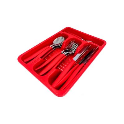 Conjunto Talheres 24 Peças De Inox e Cabo de Plástico Com Organizador de Gaveta Vermelho