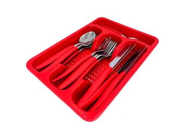 Conjunto Talheres 24 Peças De Inox e Cabo de Plástico Com Organizador de Gaveta Vermelho