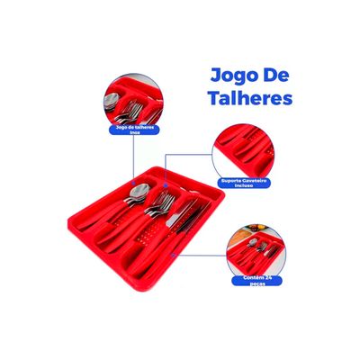Conjunto Talheres 24 Peças De Inox e Cabo de Plástico Com Organizador de Gaveta Vermelho