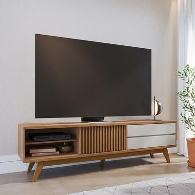 Rack para Sala De Estar TV 75 Pol 200cm Pés Retrô Venice C04 Freijó Off White Matte - Lyam Decor