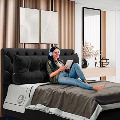 Almofada Para Cabeceira Encosto Apoio Lombar Spot 195cm Com Porta Celular Veludo - Abmaza Cor Preto