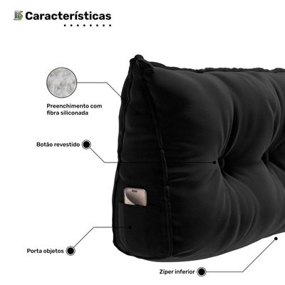 Almofada Para Cabeceira Encosto Apoio Lombar Spot 195cm Com Porta Celular Veludo - Abmaza Cor Preto