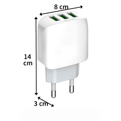 Adaptador Carregador Tomada Três Saídas Turbo 3.1A Cabo USB-C - Alta Velocidade para Android