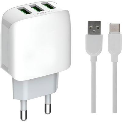 Adaptador Carregador Tomada Três Saídas Turbo 3.1A Cabo USB-C - Alta Velocidade para Android