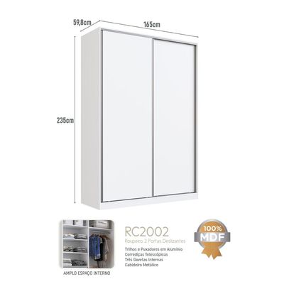 Guarda Roupa Solteiro Branco 165x59,8x235cm 2 Portas RC2002 Emovell