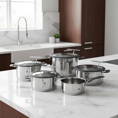 Jogo de Panelas em Aço Inox Zwilling Simplify 5 Peças com Suporte de Tampa e Escoamento Integrado
