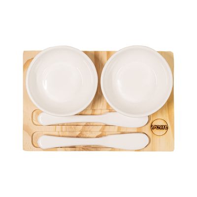 Conjunto Patezeira Wooden Glow 18x12cm em Madeira Pinus com 2 Molheiras e Espátulas Brancas