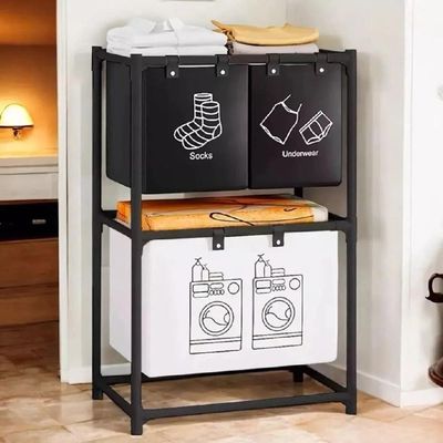 Cesto Lavanderia Triplo Estante Metal Roupa Suja 2 Andares Roupeiro 3 Divisorias Organizador Banheiro Multiuso Armario D
