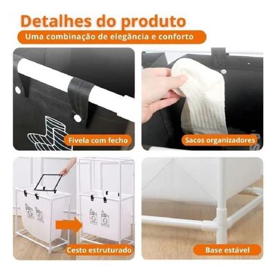 Cesto Lavanderia Triplo Estante Metal Roupa Suja 2 Andares Roupeiro 3 Divisorias Organizador Banheiro Multiuso Armario D
