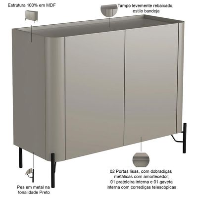 Buffet Para Sala de Jantar 2 Portas 1 Gaveta Pés Industrial Preto Naim I03 Grigio - Lyam