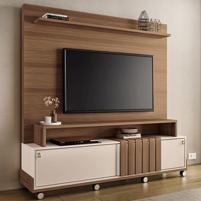 Estante Painel Para TV 65 Pol com Rodízios Cloud B01 Castanho Off White - Lyam Decor