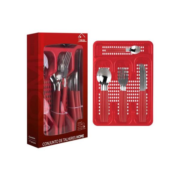 Jogo de Faqueiro Vermelho Faca Garfo Colher Porta Talher