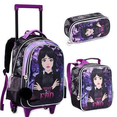 Kit Mochila Rodinha Lancheira Estojo Wandinha Addans