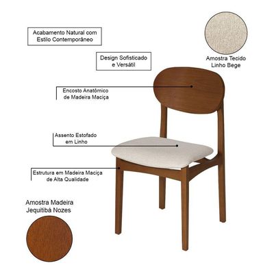 Conjunto 6 Cadeiras De Jantar Samba Elegante Madeira Jequitibá Nozes Linho Bege