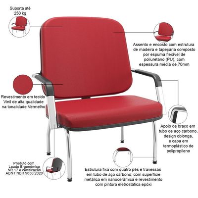 Cadeira De Escritório Recepção Com Braço Fixa Cromada Magno P03 Vinil Vermelho - Lyam Decor