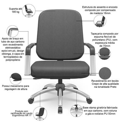 Cadeira De Escritório Giratória Com Braço Cromada Magno P03 Crepe Preto - Lyam Decor