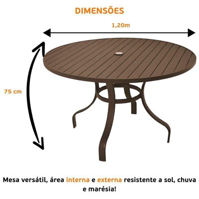 Mesa 1,20m Ripada Alumínio Resistente área Externa Piscina Jardim Jantar Marrom